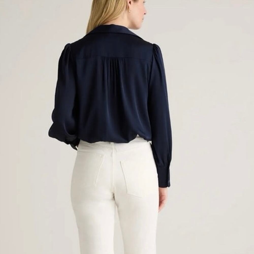 Quince | Summer Work Business Washable Stretch Silk Split Neck Blouse in Navy L - Picture 2 of 12